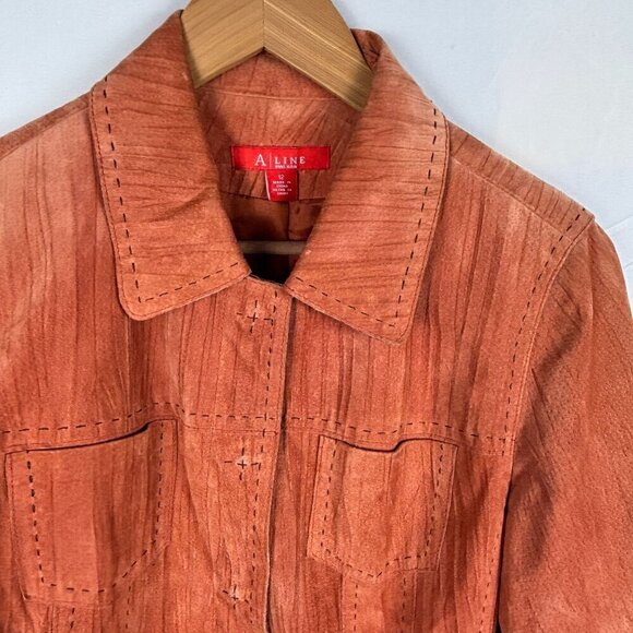 VTG Anne Klein A-Line Womens Suede Leather Jacket Size 12 Orange Brown Cropped - Picture 2 of 11